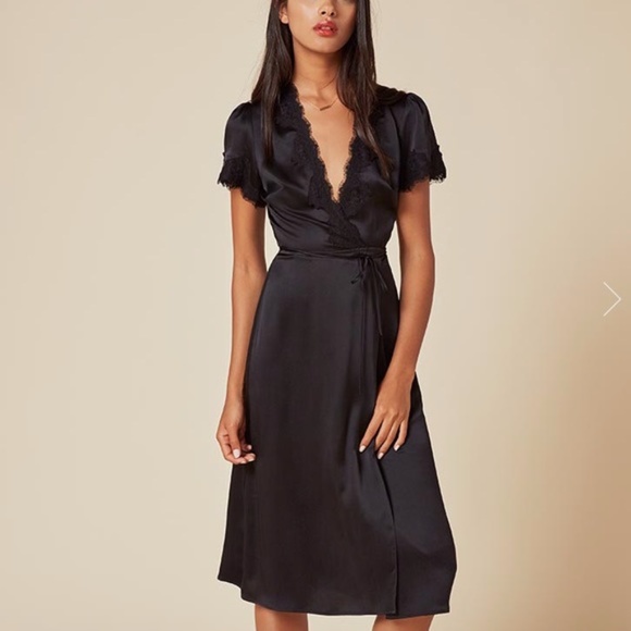 Reformation Black Silk Wrap Dress with Lace Trim - Picture 4 of 5